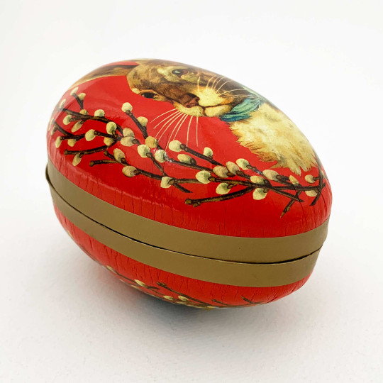 4-1/2" Nostalgic Bunny on Red Papier Mache Easter Egg Container ~ Germany